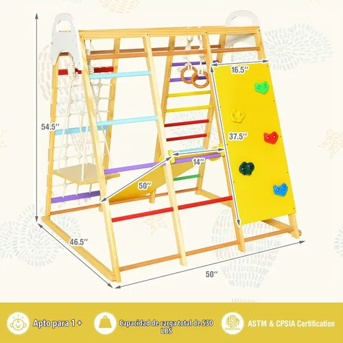 Vista 7 de GLACER 8 en 1 Jungle Gym, gimnasio de escalada interior de madera con tobogán, columpio Colorido