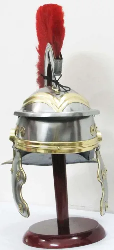Vista 4 de Casco de caballero medieval centurión romano armadura guerrero metal rojo pluma con forro
