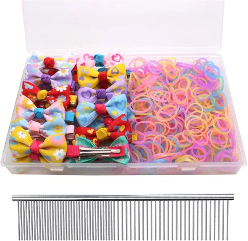 Vista 20 de YOY 20 adorables lazos para el pelo de perro con clips y 1000 bandas de goma y 1 peine de acero para peluquería, nudo superior de cachorro, moño