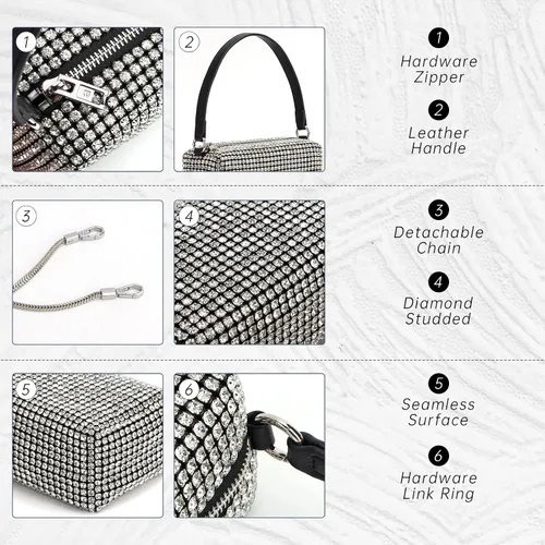 Vista 4 de Fecialy Bolso de noche con diamantes de imitación para mujer, bolso cruzado de cristal, bolso de mano brillante para boda, fiesta de graduación