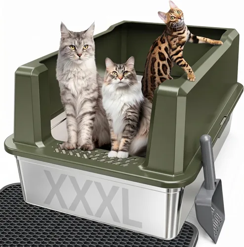 Vista 8 de Caja de arena extragrande XXL de acero inoxidable para gatos con tapa, 26" L x 18" W x 12" H caja de arena de metal con lados altos para gatos