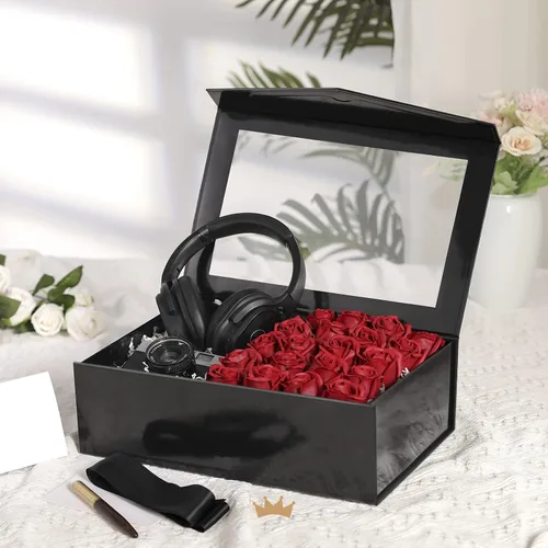 Vista 3 de PACKQUEEN Caja de regalo grande negra con ventana, 13.5 x 9 x 4.1 pulgadas, caja de regalo transparente para regalo, contiene cinta, tarjeta, caja