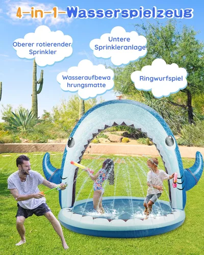 Vista 2 de Gleamkid Aspersor de tiburón gigante para niños, juguetes inflables de agua con rociador de 360°, 4 anillos de lanzamiento de plástico, juego