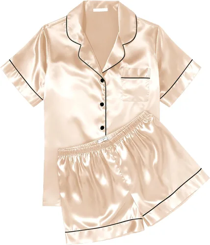 Vista 12 de Ekouaer Conjunto de pijama de satén de seda para mujer, suave, de manga corta, con botones, ropa para dormir, camiseta y pantalones cortos, juego