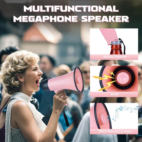 Vista 5 de MyMealivos 20W Megáfono Bullhorn - 13.7 cm × 21.8 cm Megáfono portátil con sirena incorporada y grabación de 240s, control de volumen, cobertura