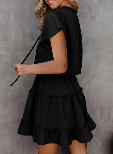 Vista 2 de Dokotoo Vestido de manga corta con cuello en V y volantes para mujer, para primavera y verano, 2025, elegante, mini falda corta