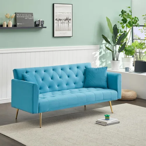 Vista 11 de Sofá cama futón de terciopelo con 2 almohadas, sofá cama convertible con respaldo ajustable de 3 ángulos, sofá biplaza moderno con 4 patas de metal