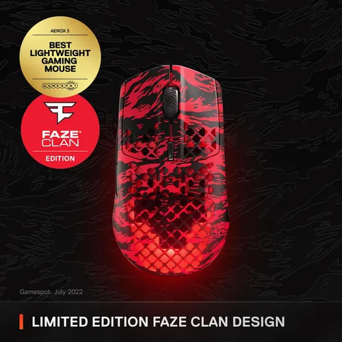 Vista 2 de SteelSeries Aerox 3 Wireless: Faze Clan Edition - Ratón Holey RGB para juegos - Sensor óptico TrueMove Air de 18K DPI - Diseño ultraligero