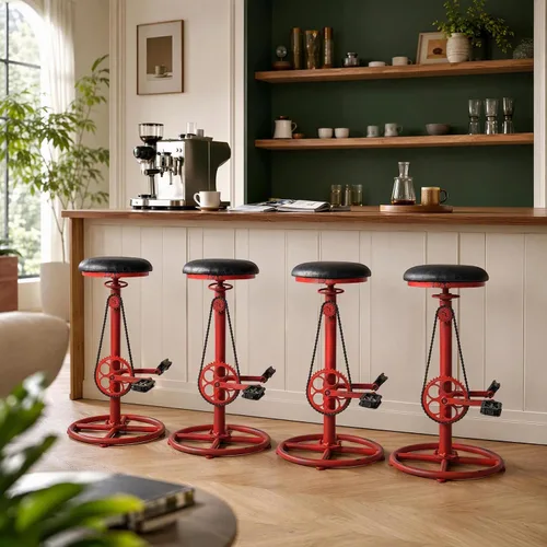 Vista 2 de Bicycle-Style 29"-37" Adjustable Swivel Bar Stools Set of 2, Distressed Red Black Seat / Distressed Red Frame