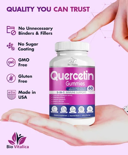 Vista 4 de BioVitalica - Gomitas de quercetina con bromelina, vitamina C y zinc y saúco + vitamina D3-5 en 1 apoyo inmunológico - Quercetina de zinc 750 mg