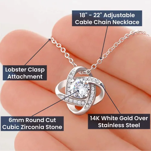Vista 2 de Regalo para hija, collar con colgante de nudo de amor con caja de regalo y tarjeta de mensaje de calentamiento de corazón, fabricado en los Estados