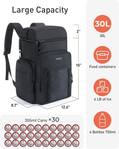 Vista 5 de TOURIT Enfriador de mochila aislante: 30 latas impermeable a prueba de fugas mochila más fresca suave bolsa de viaje playa picnic camping