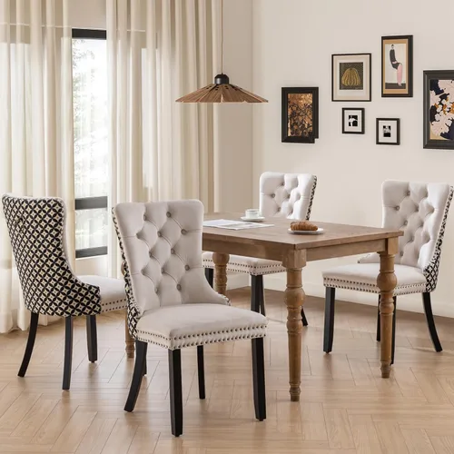 Vista 89 de Juego de 2 sillas de comedor tapizadas de tela de lino, sillas de cocina modernas de mediados de siglo con respaldo alto, ribete de cabeza de clavo