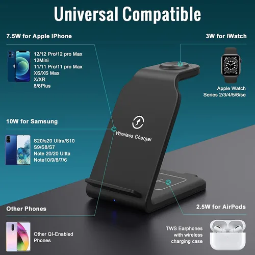 Vista 2 de Wireless Charging Station,Popveen 3in1 Wireless Charger Stand with Adapter 15W Fast Wireless Charging for Apple iWatch Series SE/6/5/4/3/2/1,AirPods