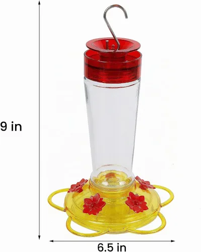 Vista 2 de Shrdaepe Comedero para colibríes, comedero para pájaros con botella de vidrio, 5 puertos de alimentación (rojo y amarillo)