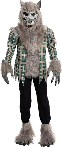 Vista 4 de Disfraz unisex de hombre lobo verde con máscara, guantes y funda de zapatos