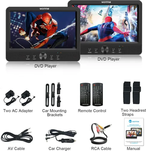 Vista 8 de WONNIE Dos reproductores de DVD de 10.5 pulgadas con pantalla dual para coche, reproductor de CD portátil, reproduce una misma o dos películas
