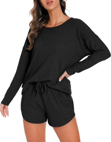 Vista 2 de PrinStory Conjunto de pijama para mujer, conjunto de 2 piezas de punto gofre, conjunto de ropa de descanso con bolsillos