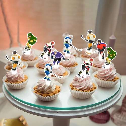 Vista 4 de 48 piezas de decoración de cupcakes de hockey para jugador de hockey sobre hielo para fiestas temáticas de hockey sobre hielo, fiestas temáticas