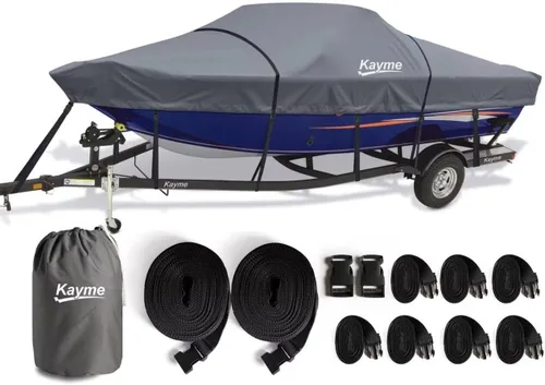 Vista 10 de Kayme Cubierta de lancha resistente 1200D para barcos de 14 a 16 pies, impermeable, resistente al desgarro con correas reforzadas al viento, ideal