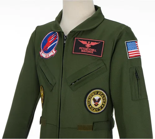 Vista 8 de Disfraz de piloto de caza para niños, traje de vuelo militar para niño y niña, disfraz de Maverick para niños de Halloween