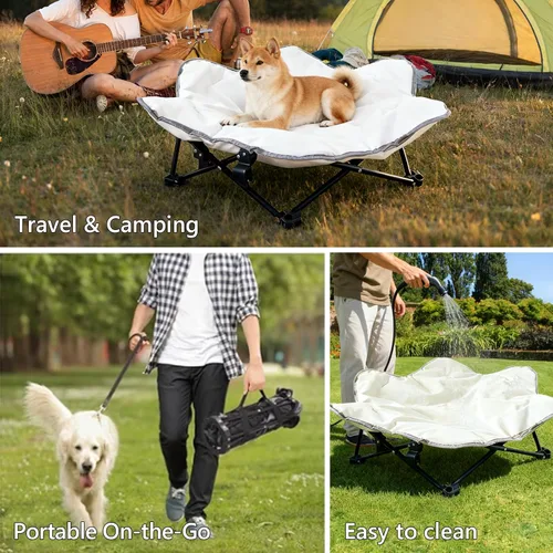 Vista 5 de Cama elevada para perro, cuna para mascotas, cama plegable para perro, cama elevada para gatos para camping, patio trasero, uso en interiores