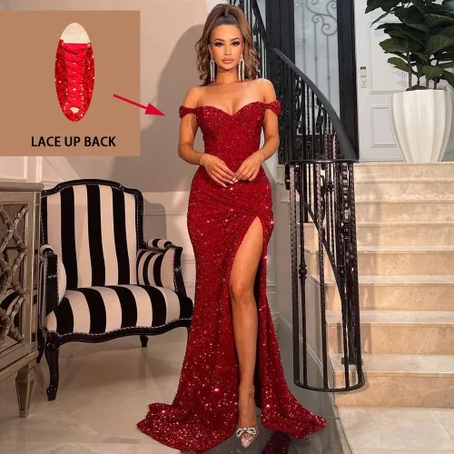 Vista 2 de Vestidos de fiesta de sirena con hombros descubiertos para mujer, vestidos de noche formales con lentejuelas largas con abertura