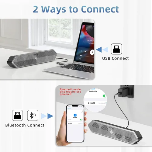 Vista 3 de Altavoz de PC para computadora, altavoces de computadora Bluetooth alimentados por USB con cable con sonido estéreo claro, altavoces