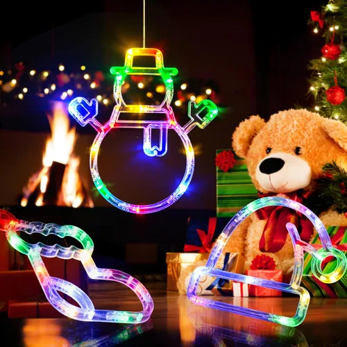 Vista 3 de LOLStar Luces de ventana de Navidad, paquete de 3 medias de Navidad multicolor, muñeco de nieve, luces de sombrero de Papá Noel con ventosa, función