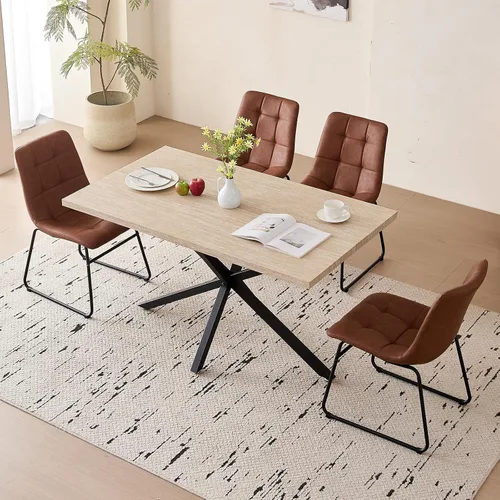 Vista 14 de Dining Table Set for 4, Modern 55" Brown Wood Grain Kitchen Table with 4 Stackable Dining Chairs, Faux Leather, for Dining Living Room Apartment