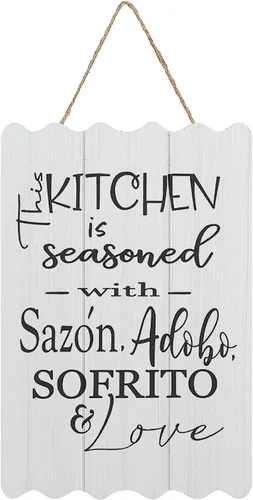 Vista 12 de Letrero de madera con texto en inglés «This Kitchen is Seasoned with Sazon Adobo Sofrito & Love» La Cocina española puertorriqueña para decoración