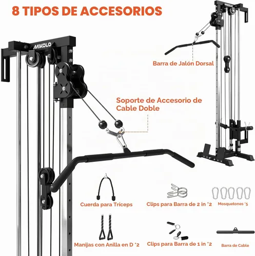 Vista 6 de Mikolo Estación de cable de montaje en pared, máquina cruzada de cables con sistema de polea doble y 19/27 posiciones ajustables para equipos