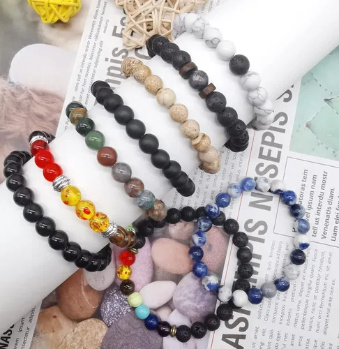 Vista 7 de Jewdreamer 6-12 pulseras de piedra de lava negra de 7 chakras para hombres y mujeres, mezcla de cuentas de roca Yinyang de 0.315in, piedras