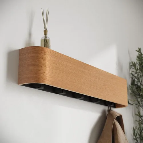 Vista 7 de Kazai. Perchero de pared 'Toke' - Perchero de diseño moderno con ganchos de pared ocultos - Perchero de panel de chapa de madera maciza - Roble