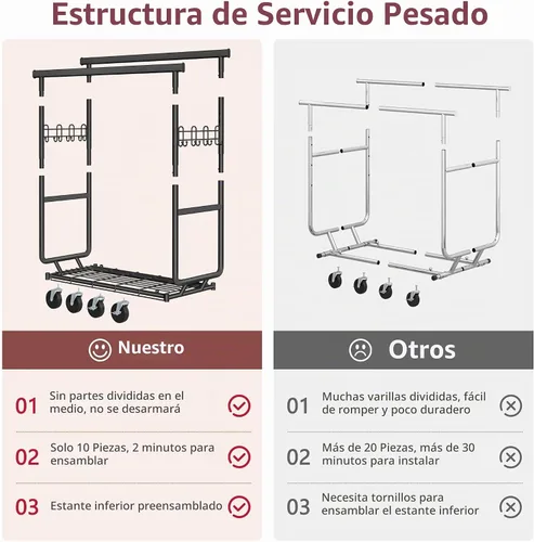 Vista 8 de Hoctieon Perchero de doble varilla de montaje en 2 minutos, estante resistente para ropa con ruedas, plegable para uso comercial, barra extensible