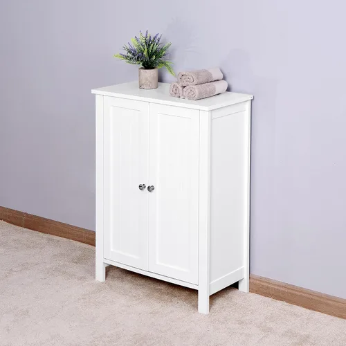 Vista 9 de NewCosmos Gabinete de almacenamiento de piso de baño con estante ajustable de doble puerta, color blanco