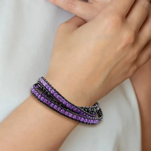 Vista 2 de JewelryWeb Pulsera de cristal negro y cuarzo púrpura y cuero multi envoltura pulsera-envoltura para mujer, Talla única, Cristal Gema Cuero, cristal