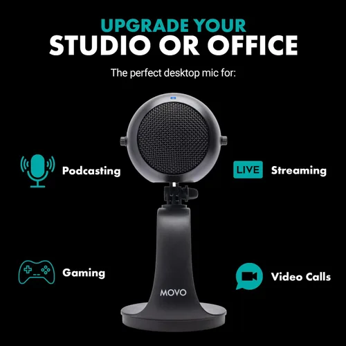 Vista 3 de Movo WebMic - Micrófono USB con soporte de escritorio en negro, micrófono de computadora de condensador cardioide para PC y Mac con ganancia