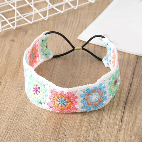 Vista 3 de LIANXUE Diadema de punto floral para mujer, turbante elástico, floral, ganchillo, cuadrado, estilo étnico, diadema envolvente para la cabeza