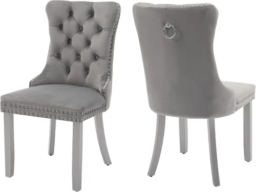 Vista 40 de Juego de 2 sillas de comedor de terciopelo, silla de comedor tapizada de alta gama con tirador de anillo en la espalda, adorno de clavos y patas