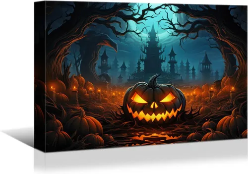 Vista 8 de YONICA Decoración de pared de calabaza de Halloween, lienzo, pósteres de pintura para decoración del hogar, arte de pared, imágenes en lienzo HD