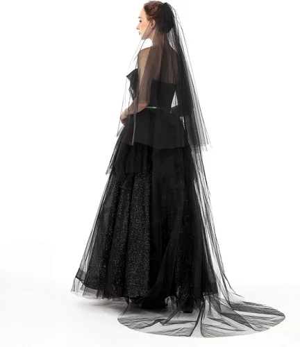 Vista 2 de PAMOR Velo de encaje negro creativo catedral tul transparente boda Halloween velo para novia con peine de metal cosido a mano