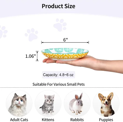 Vista 3 de Selamica Cuencos de cerámica para gatos, 6 pulgadas de ancho poco profundos para aliviar la fatiga de los bigotes, juego de 4, colores surtidos