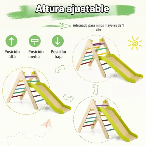 Vista 3 de HONEY JOY Escaladora triangular con rampa, escalera triangular para niños para guardería, gimnasio y parque infantil, juguetes de escalada Colorido