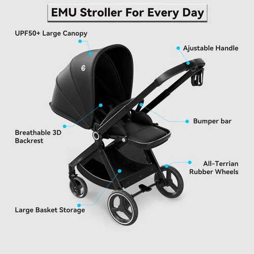 Vista 16 de EMU - Cochecito de bebé con asiento reversible, tamaño completo, con cabina reclinable, compacto y plegable para niños pequeños, para la ciudad al