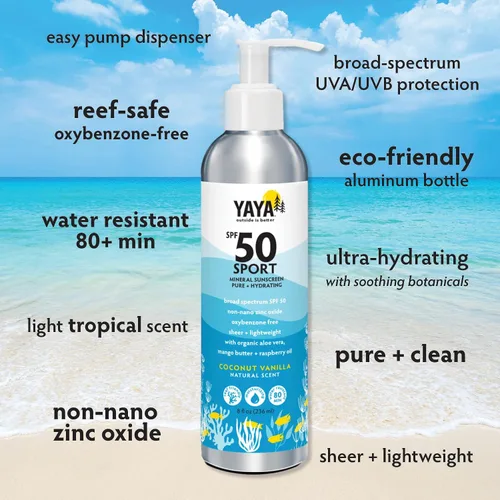 Vista 2 de YAYA ORGANICS Sport Mineral Sunscreen Lotion, SPF 50, apto para arrecifes, no nano óxido de zinc, resistente al agua, puro e hidratante, 8 onzas