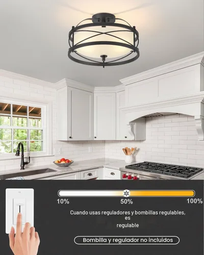 Vista 5 de Accesorios de luz de tambor para entrada, lámpara de techo rústica de montaje semiempotrado para pasillo, sala de estar, dormitorio, cocina (negro)