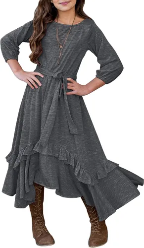 Vista 10 de MITILLY Vestido largo maxi suelto liso de manga 3/4 casual con bolsillos y volantes estilo swing con cinturón para niñas 01 Azul oscuro fultter