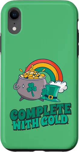 Vista 24 de iPhone 16 completo con oro - Funda con diseño de arcoíris y fortuna