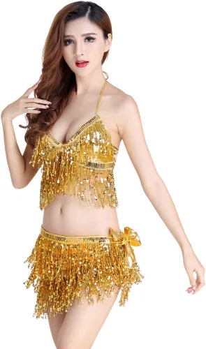 Vista 12 de Traje danza árabe con brasier y pañuelo para cadera con flecos para mujer Negro